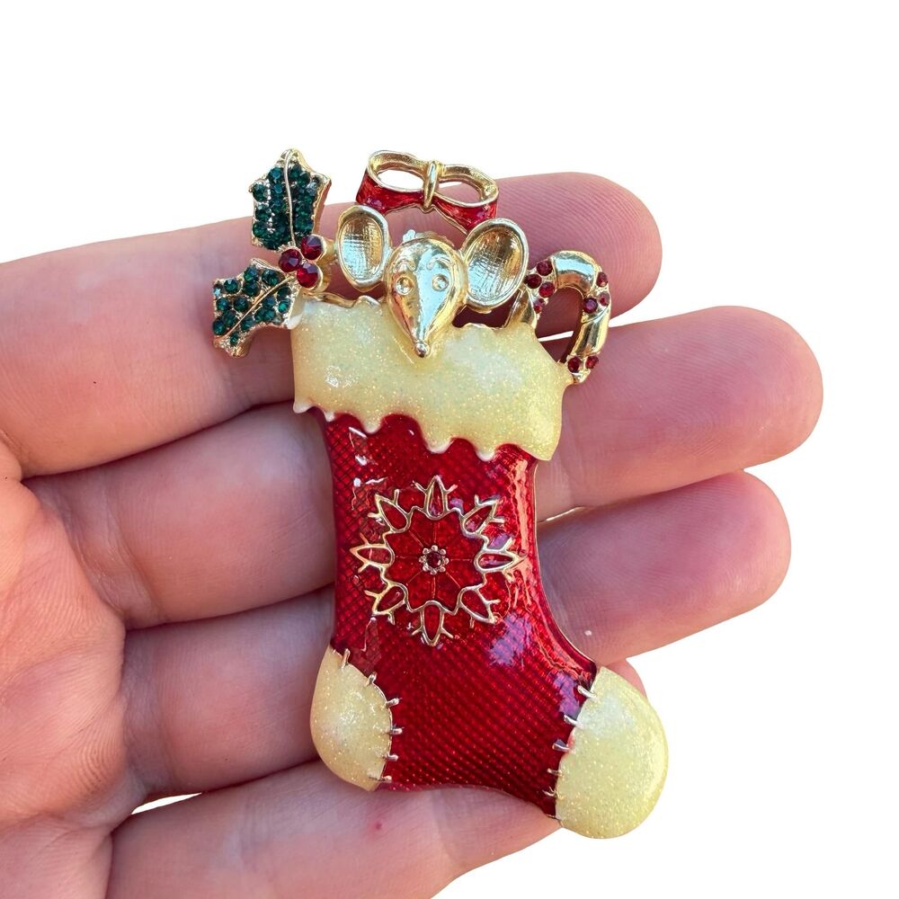 Vintage Liz Claiborne Enamel & Crystal  Christmas Stocking Brooch / Pin